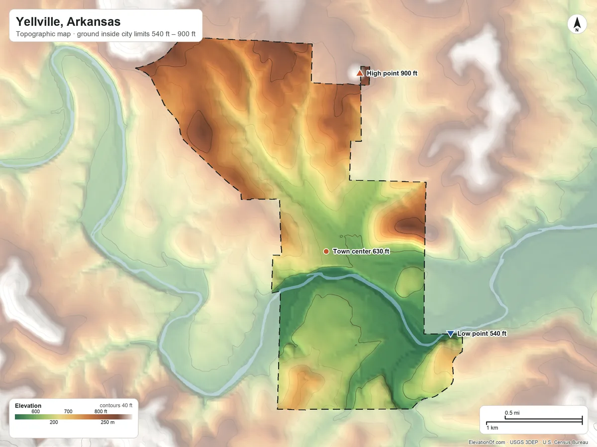 Topographic elevation map of Yellville, Arkansas, shaded from 540 ft on the southeast side to 900 ft on the north side