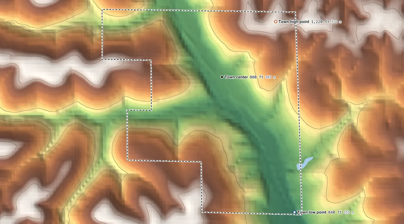 Topographic elevation map of Zinc, Arkansas, shaded from 840 ft on the southeast side to 1,220 ft on the northeast side