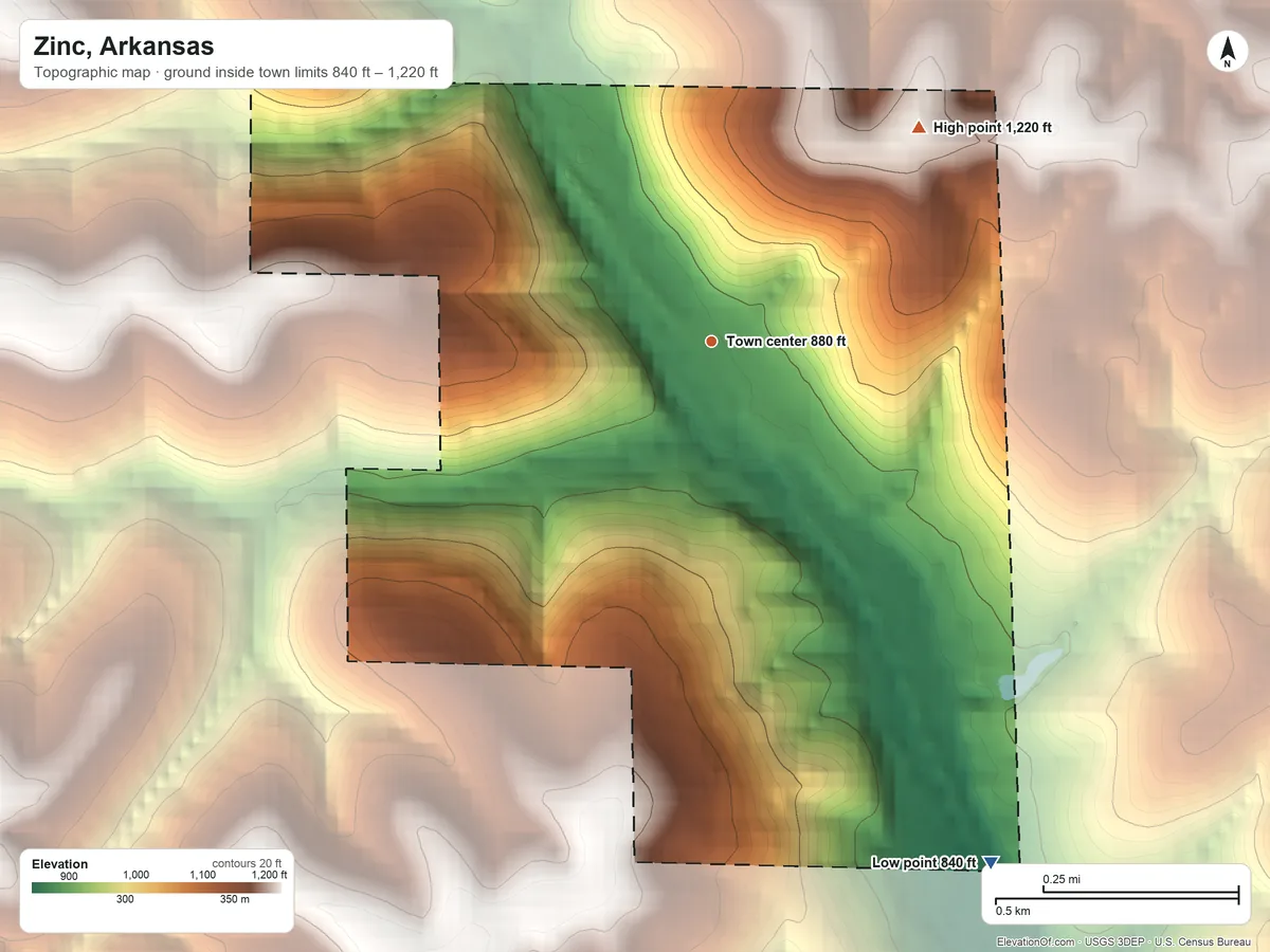 Topographic elevation map of Zinc, Arkansas, shaded from 840 ft on the southeast side to 1,220 ft on the northeast side