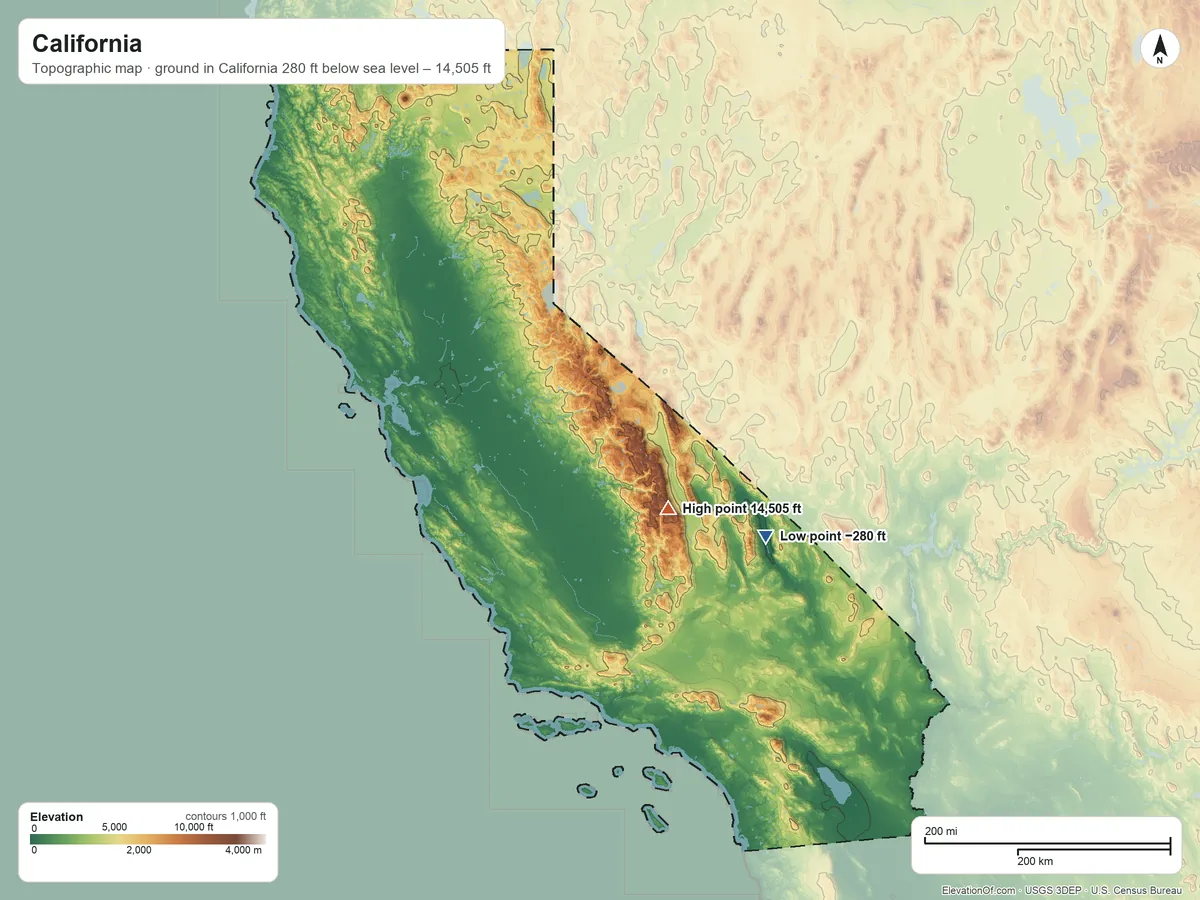 Topographic elevation map of California, shaded from 280 ft below sea level on the southeast side to 14,505 ft on Mount Whitney