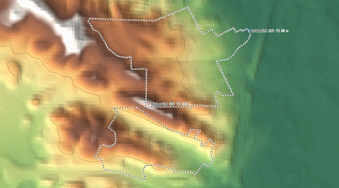 Topographic elevation map of Acalanes Ridge, California, shaded from 180 ft on the northeast side to 650 ft at the foot of the Briones Hills