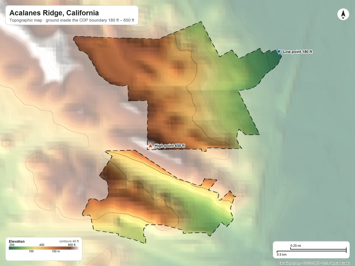 Topographic elevation map of Acalanes Ridge, California, shaded from 180 ft on the northeast side to 650 ft at the foot of the Briones Hills