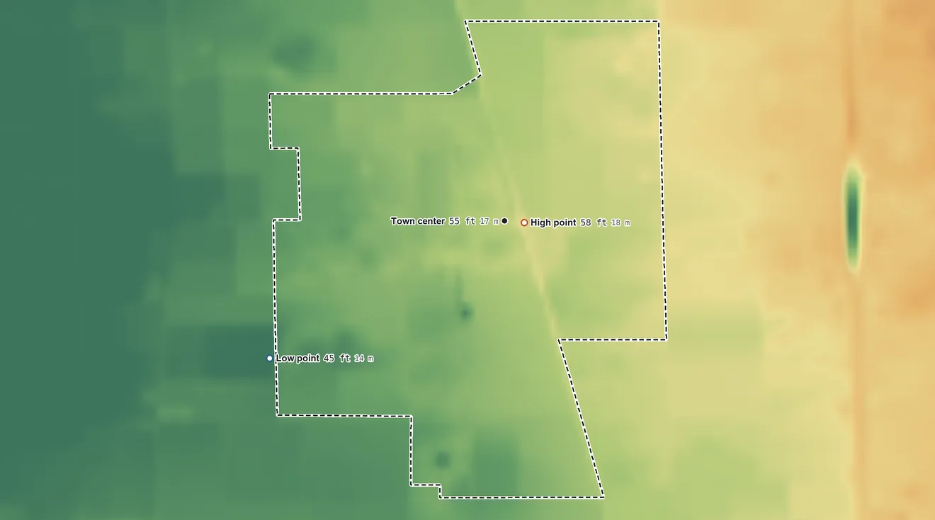 Topographic elevation map of Acampo, California, shaded from 45 ft on the southwest side to 58 ft near the middle