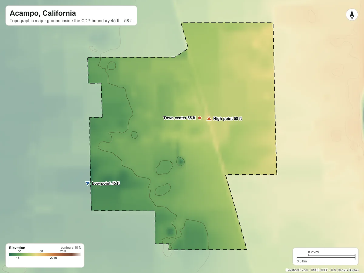 Topographic elevation map of Acampo, California, shaded from 45 ft on the southwest side to 58 ft near the middle