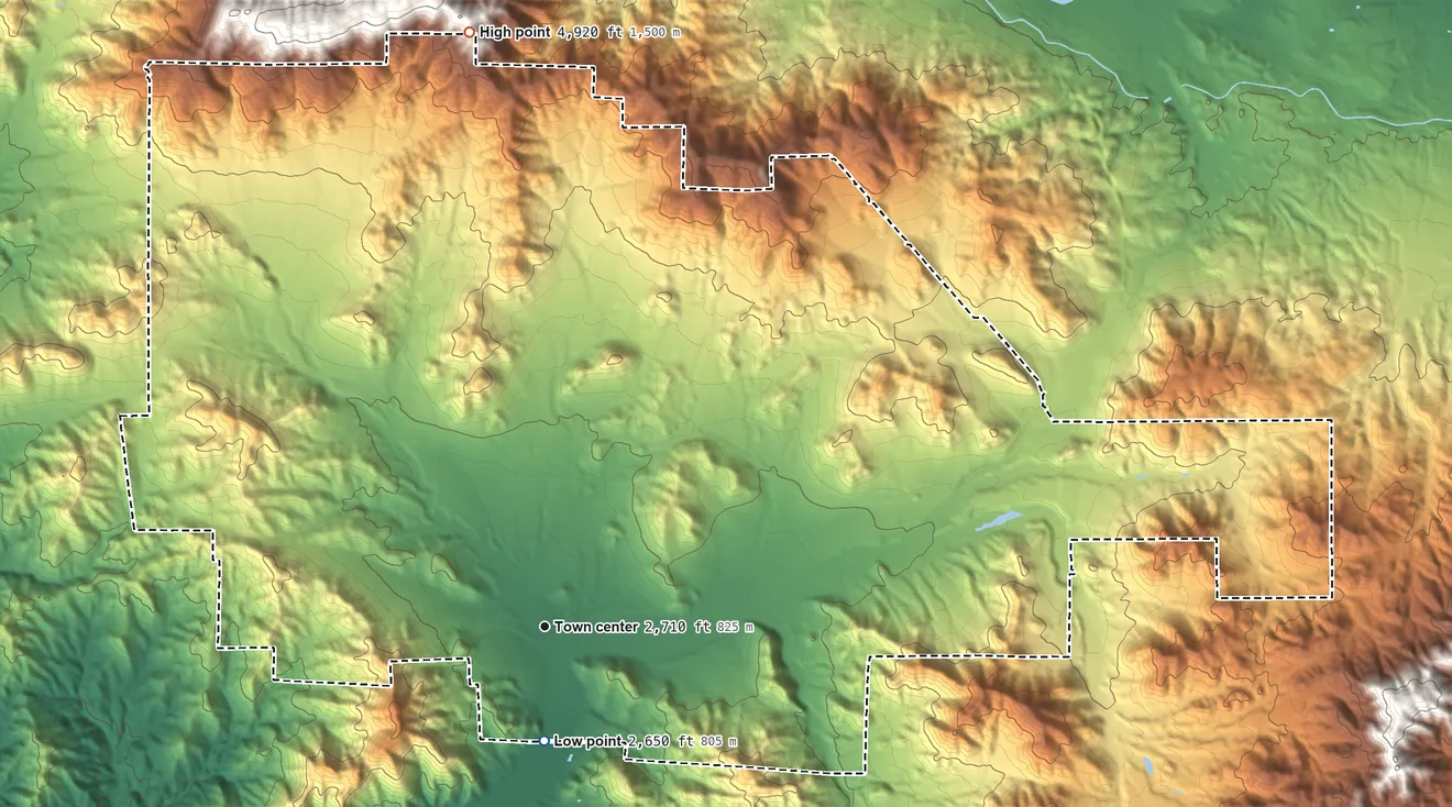 Topographic elevation map of Acton, California, shaded from 2,650 ft near the middle to 4,920 ft on the north side