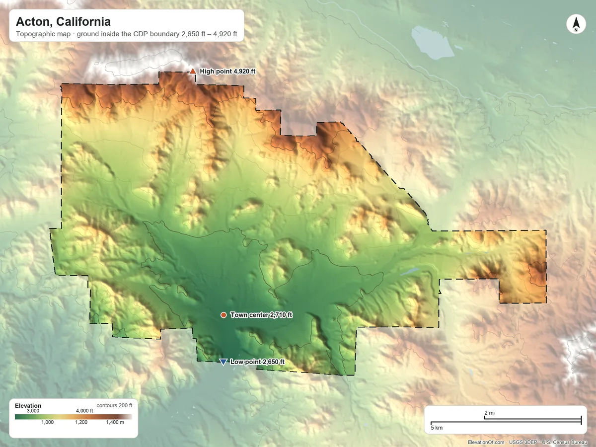 Topographic elevation map of Acton, California, shaded from 2,650 ft near the middle to 4,920 ft on the north side