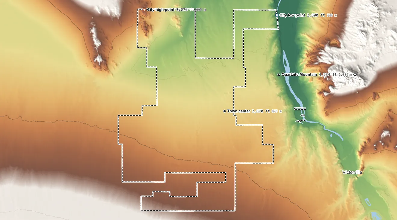 Topographic elevation map of Adelanto, California, shaded from 2,600 ft on the northeast side to 3,270 ft on the northwest side