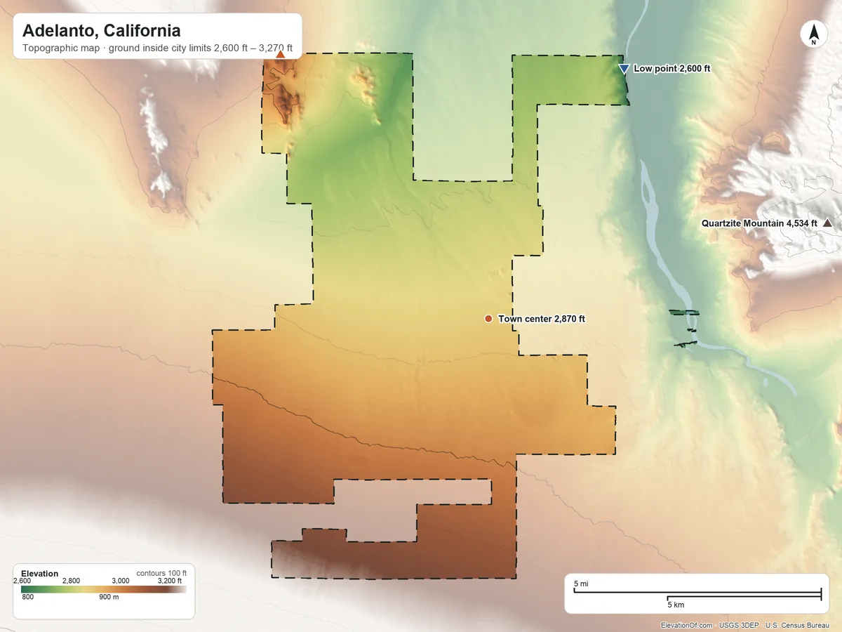 Topographic elevation map of Adelanto, California, shaded from 2,600 ft on the northeast side to 3,270 ft on the northwest side