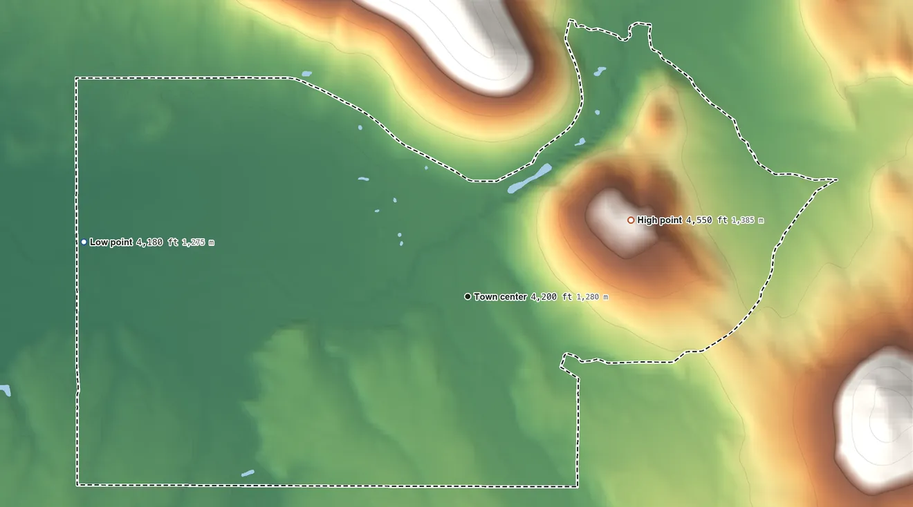Topographic elevation map of Adin, California, shaded from 4,180 ft on the west side to 4,550 ft on the northeast edge, below higher ground just outside