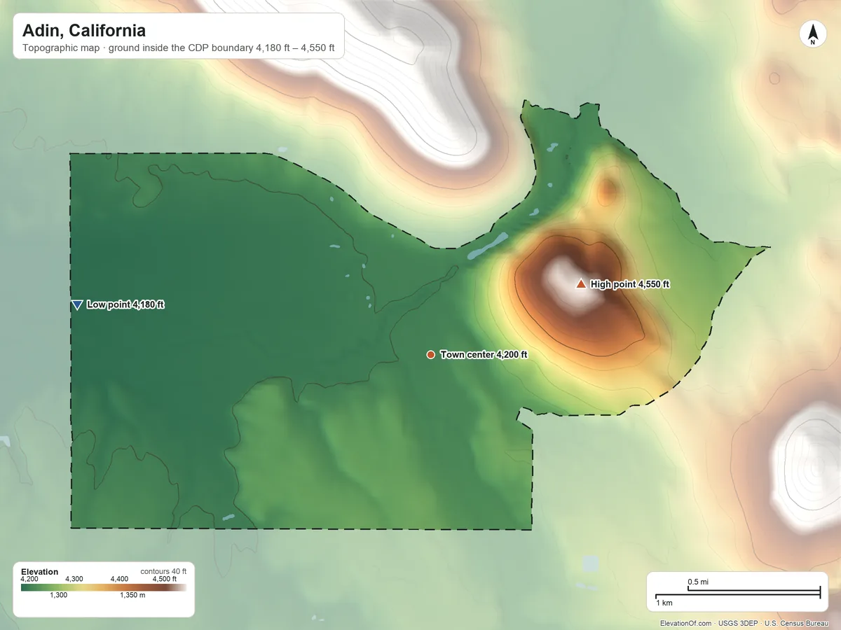 Topographic elevation map of Adin, California, shaded from 4,180 ft on the west side to 4,550 ft on the northeast edge, below higher ground just outside