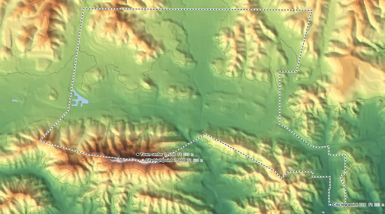 Topographic elevation map of Agoura Hills, California, shaded from 710 ft on the east side to 2,000 ft on Ladyface