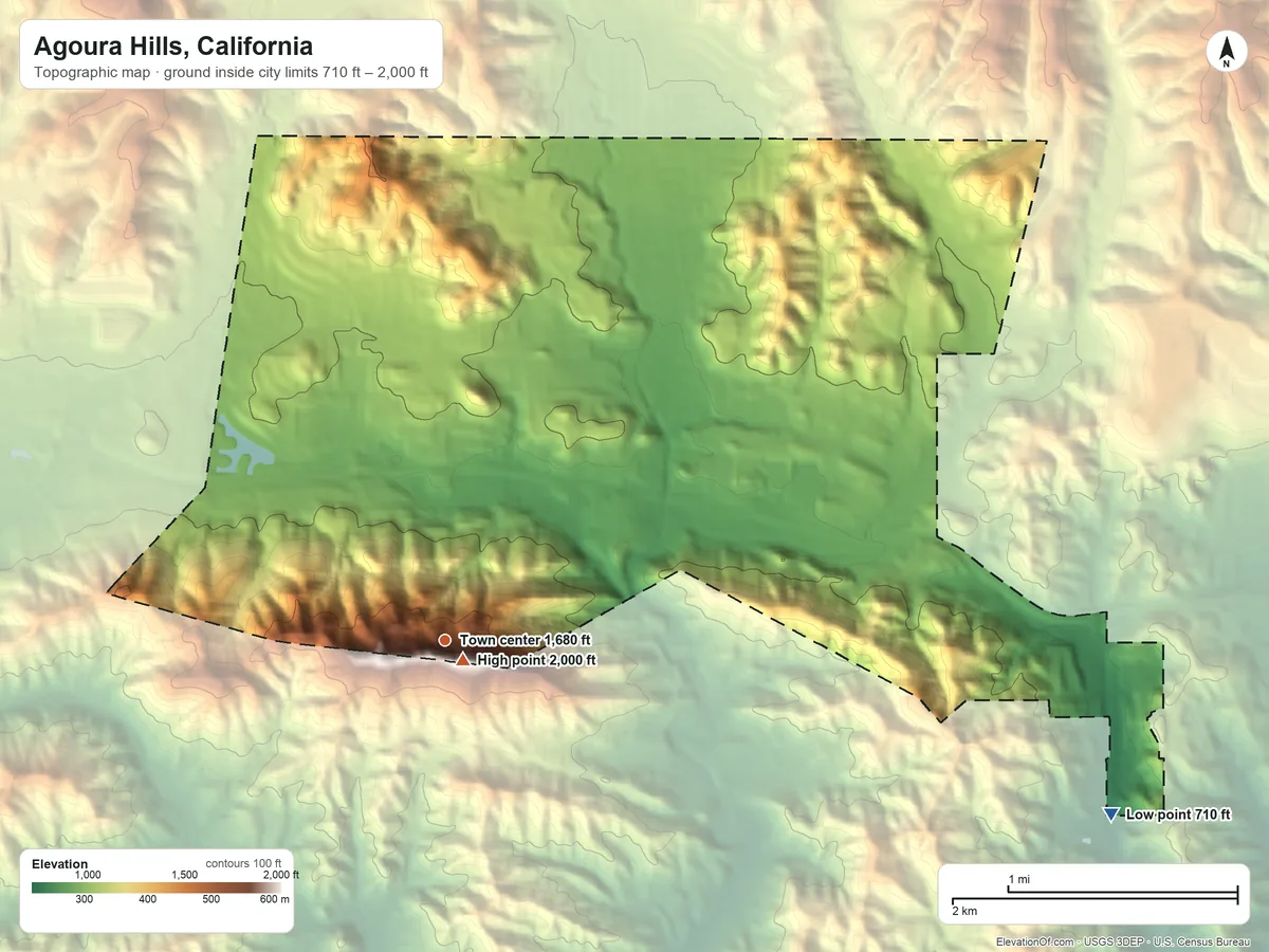 Topographic elevation map of Agoura Hills, California, shaded from 710 ft on the east side to 2,000 ft on Ladyface