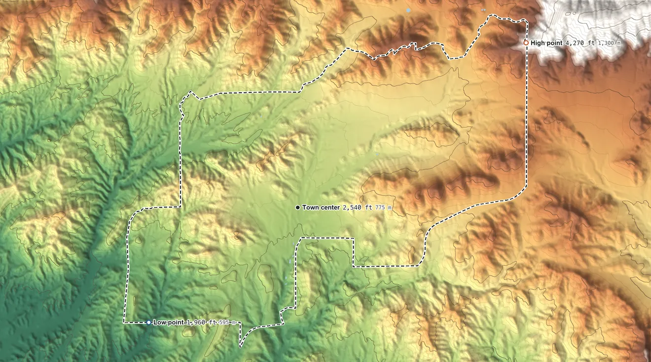 Topographic elevation map of Agua Dulce, California, shaded from 1,960 ft on the southwest side to 4,270 ft on the northeast edge, below higher ground just outside