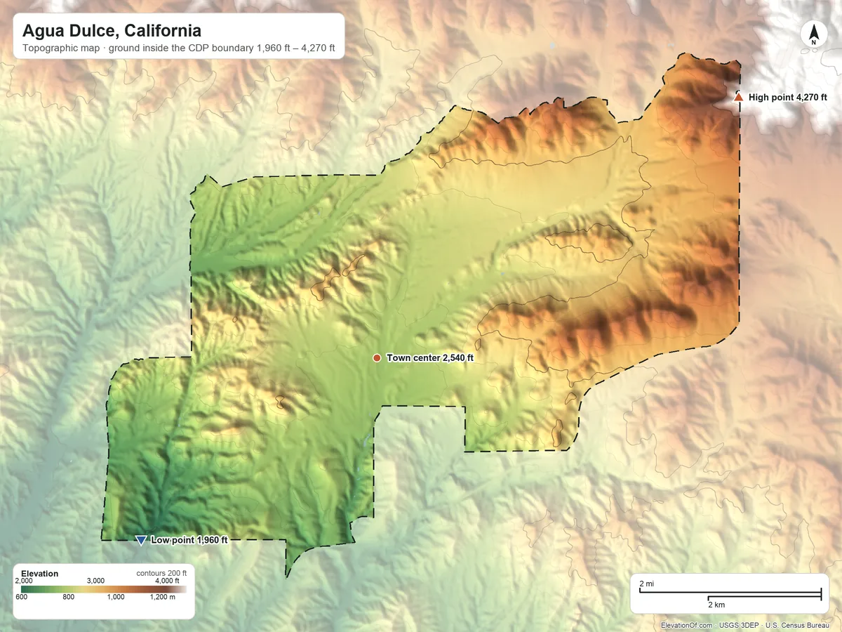 Topographic elevation map of Agua Dulce, California, shaded from 1,960 ft on the southwest side to 4,270 ft on the northeast edge, below higher ground just outside