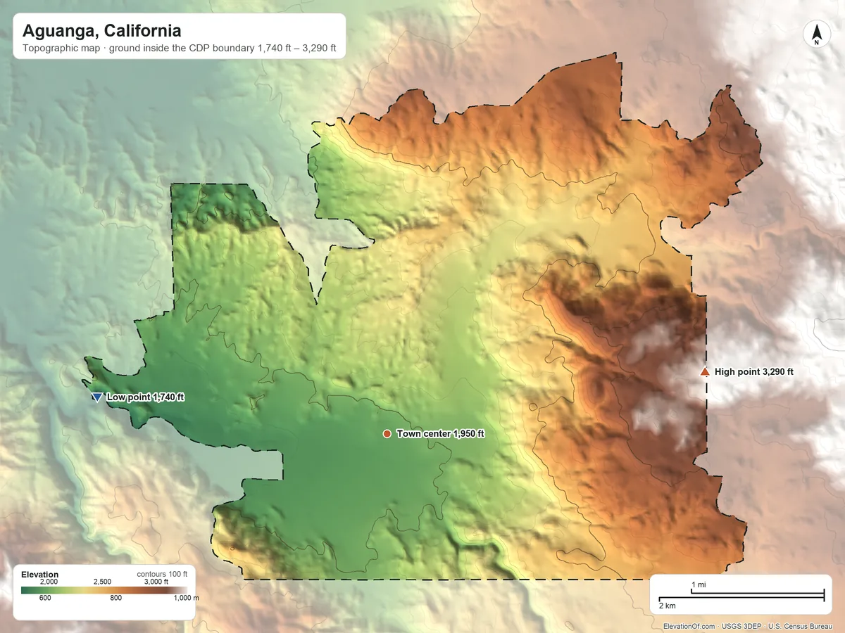 Topographic elevation map of Aguanga, California, shaded from 1,740 ft on the west side to 3,290 ft at the foot of the Black Hills