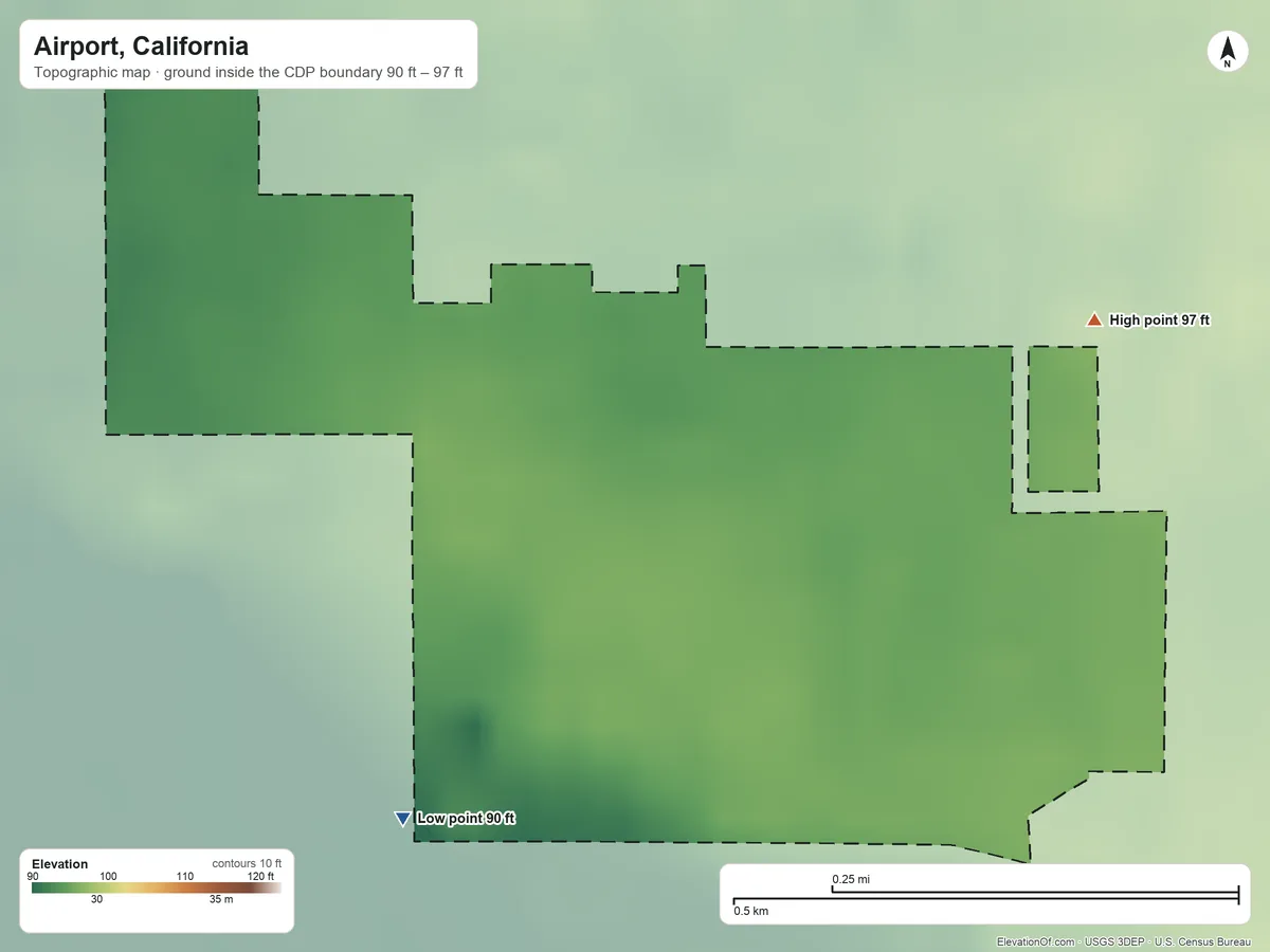 Topographic elevation map of Airport, California, shaded from 90 ft on the southwest side to 97 ft on the northeast side
