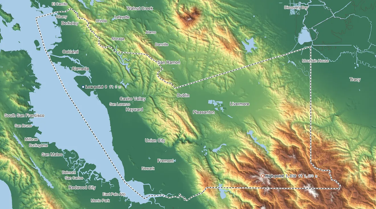 Topographic elevation map of Alameda County, California, shaded from sea level on San Francisco Bay to 3,830 ft on Discovery Peak