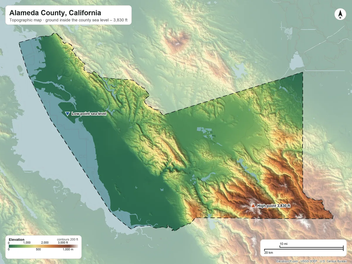 Topographic elevation map of Alameda County, California, shaded from sea level on San Francisco Bay to 3,830 ft on Discovery Peak
