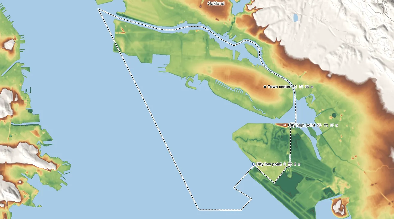 Topographic elevation map of Alameda, California, shaded from sea level level on San Francisco Bay to 55 ft on the southeast side