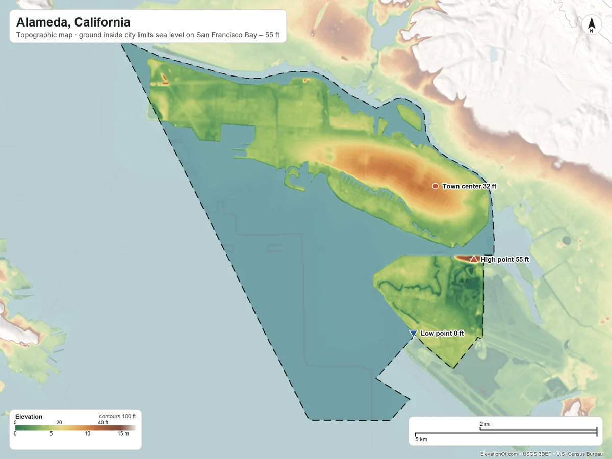 Topographic elevation map of Alameda, California, shaded from sea level level on San Francisco Bay to 55 ft on the southeast side