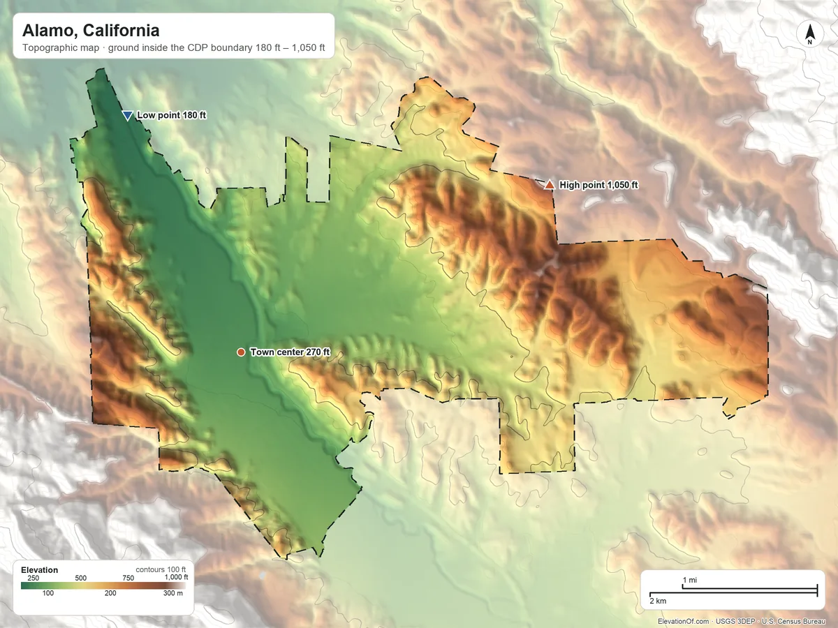 Topographic elevation map of Alamo, California, shaded from 180 ft on the northwest side to 1,050 ft at the foot of the Hemme Hills