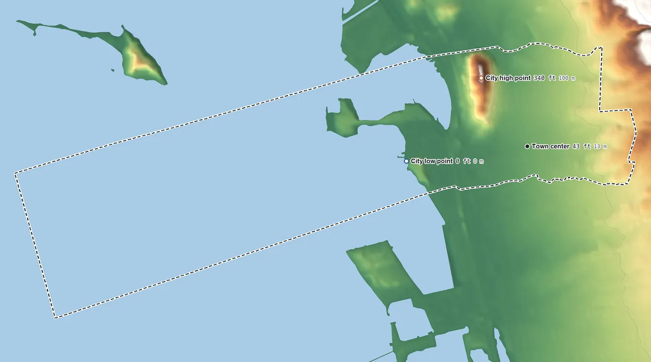 Topographic elevation map of Albany, California, shaded from sea level level on San Francisco Bay to 340 ft on Albany Hill