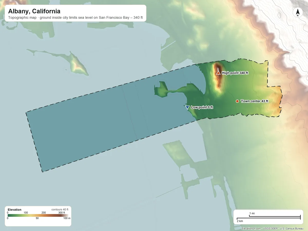 Topographic elevation map of Albany, California, shaded from sea level level on San Francisco Bay to 340 ft on Albany Hill