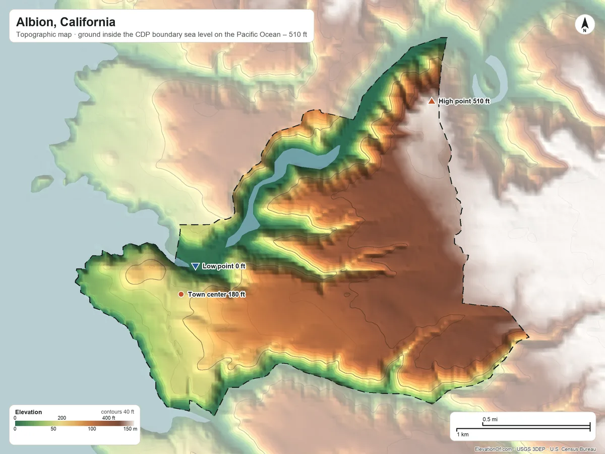 Topographic elevation map of Albion, California, shaded from sea level level on the Pacific Ocean to 510 ft on the northeast side