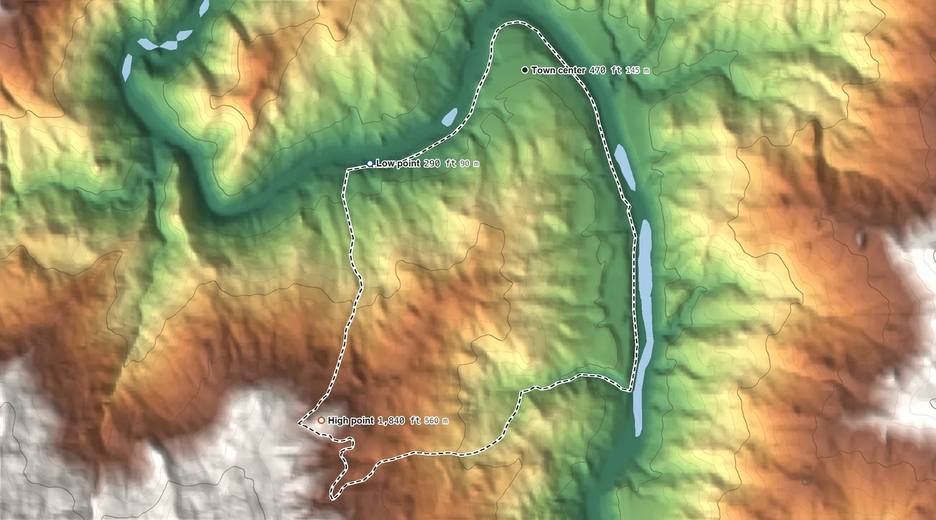 Topographic elevation map of Alderpoint, California, shaded from 290 ft on the southwest side to 1,840 ft on the southwest edge, below higher ground just outside