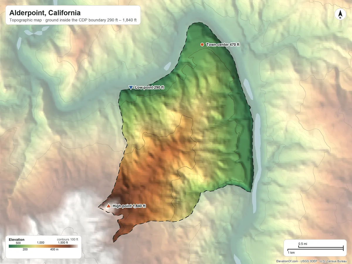 Topographic elevation map of Alderpoint, California, shaded from 290 ft on the southwest side to 1,840 ft on the southwest edge, below higher ground just outside