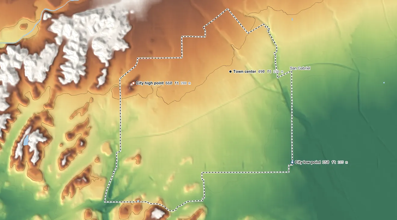 Topographic elevation map of Alhambra, California, shaded from 350 ft on the southeast side to 660 ft on the west side