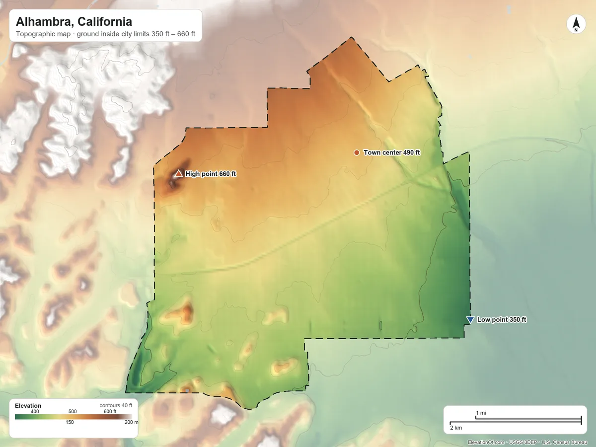 Topographic elevation map of Alhambra, California, shaded from 350 ft on the southeast side to 660 ft on the west side