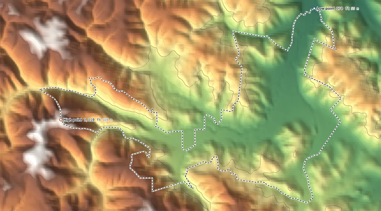 Topographic elevation map of Alhambra Valley, California, shaded from 170 ft on the northeast side to 1,110 ft on the west side
