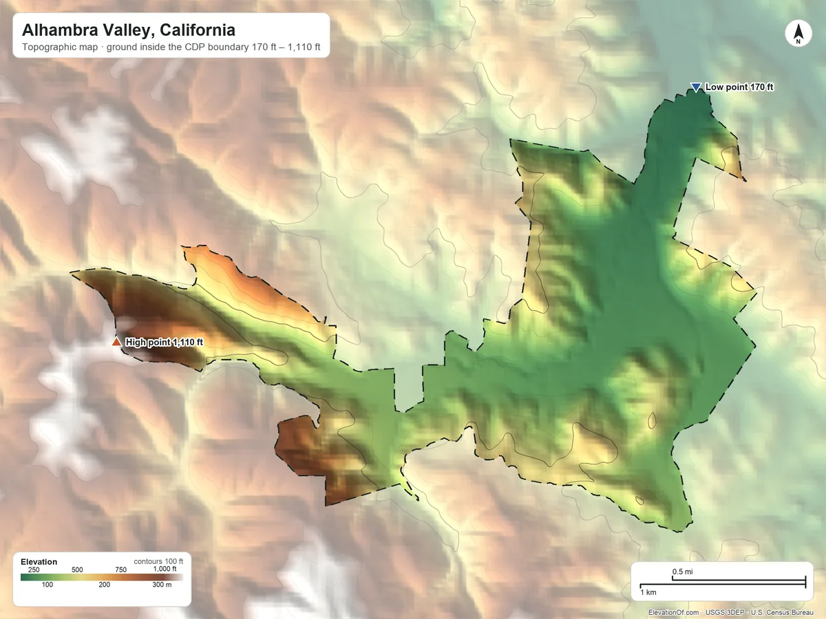 Topographic elevation map of Alhambra Valley, California, shaded from 170 ft on the northeast side to 1,110 ft on the west side