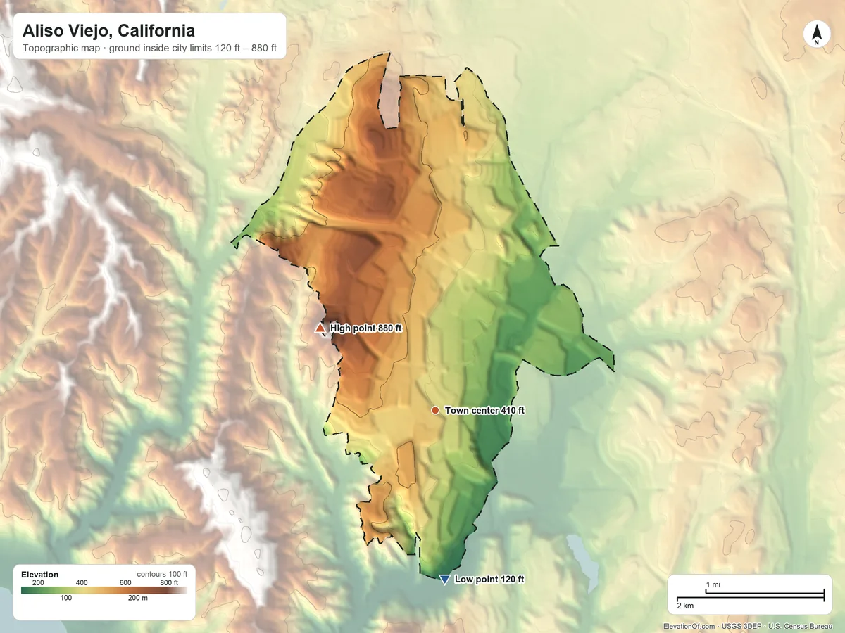 Topographic elevation map of Aliso Viejo, California, shaded from 120 ft on the south side to 880 ft on the northwest side