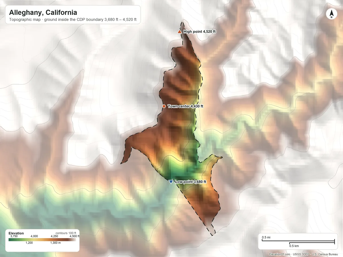 Topographic elevation map of Alleghany, California, shaded from 3,680 ft on the south side to 4,520 ft on the north edge, below higher ground just outside