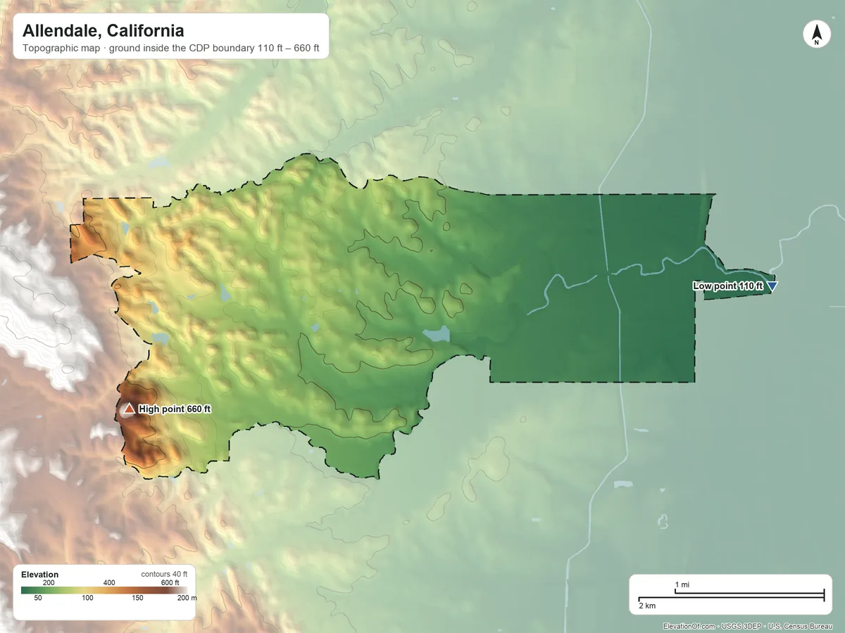 Topographic elevation map of Allendale, California, shaded from 110 ft on the east side to 660 ft at the foot of the English Hills