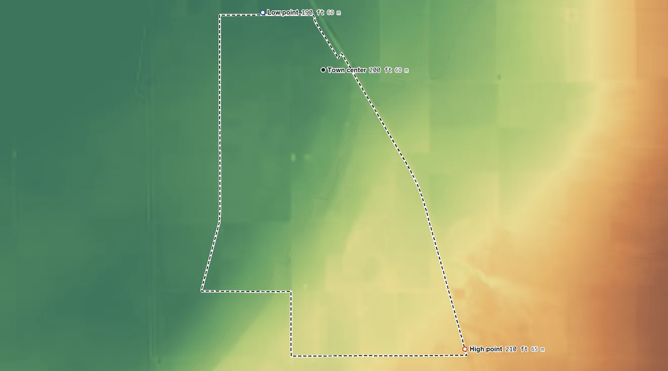 Topographic elevation map of Allensworth, California, shaded from 190 ft on the northwest side to 210 ft on the southeast side