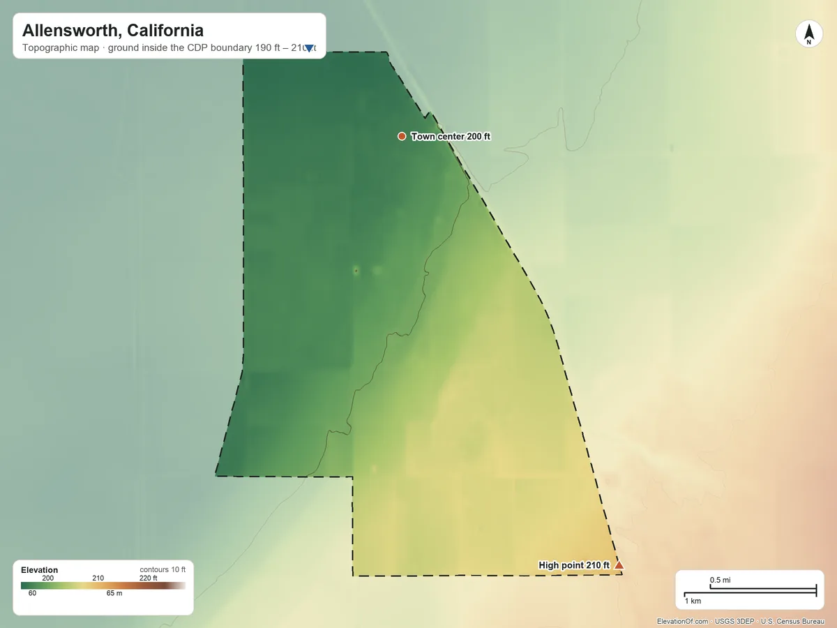 Topographic elevation map of Allensworth, California, shaded from 190 ft on the northwest side to 210 ft on the southeast side