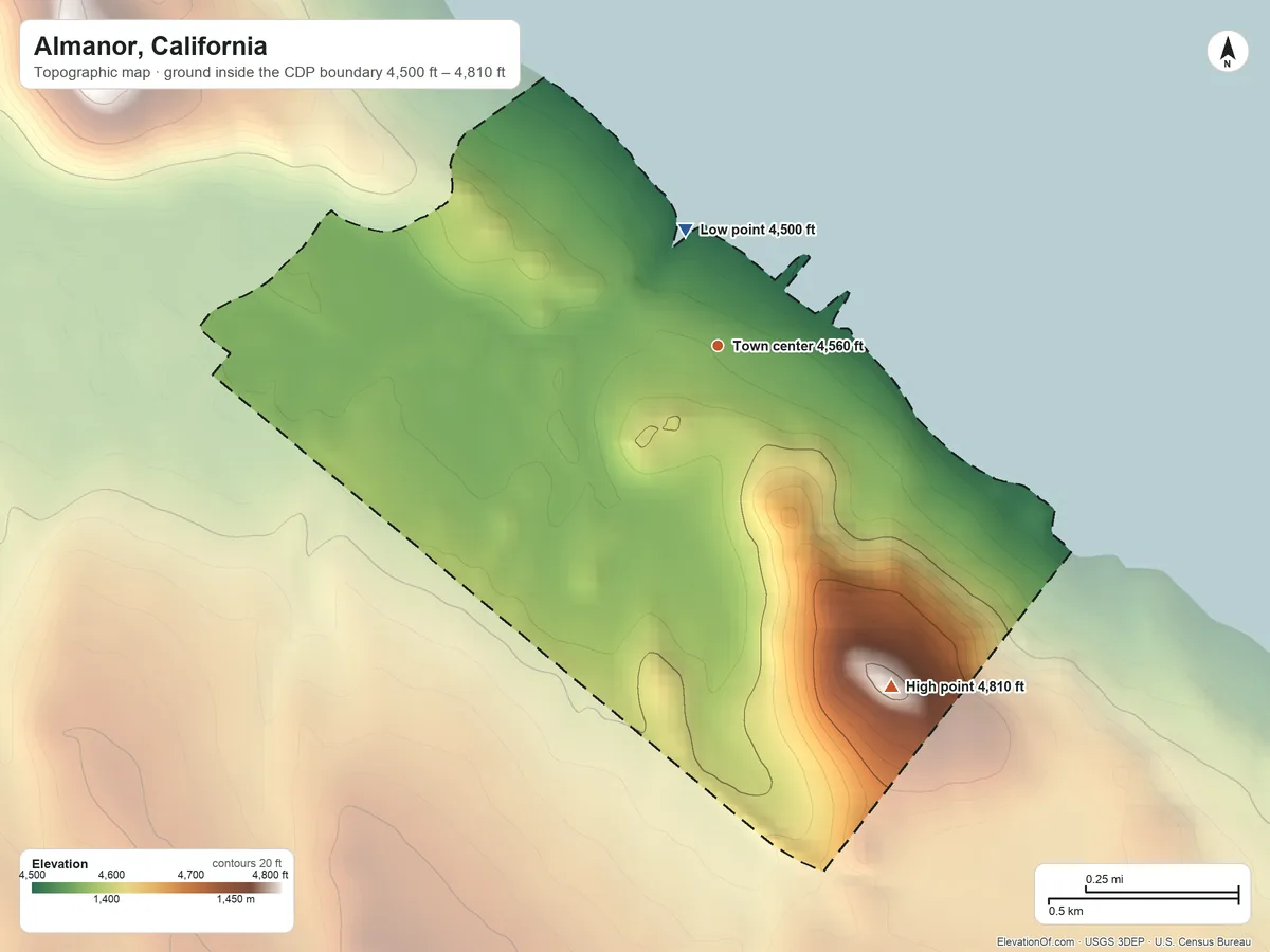 Topographic elevation map of Almanor, California, shaded from 4,500 ft on the north side to 4,810 ft on the southeast edge, below higher ground just outside