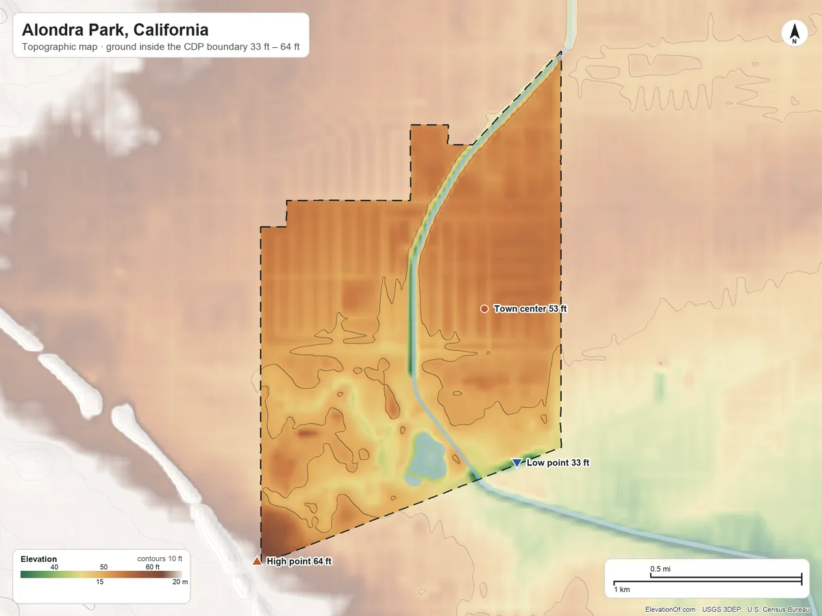 Topographic elevation map of Alondra Park, California, shaded from 33 ft on the south side to 64 ft on the southwest side