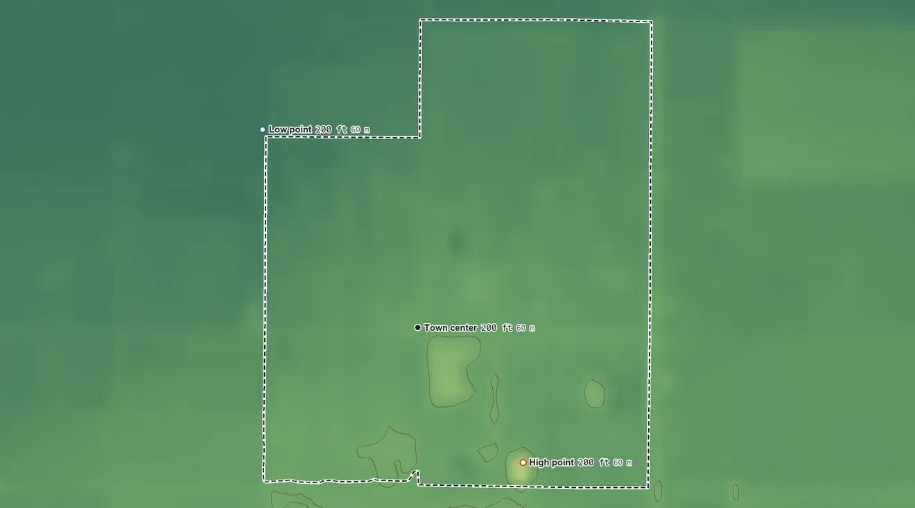 Topographic elevation map of Alpaugh, California, shaded from 200 ft on the northwest side to 200 ft on the southeast side