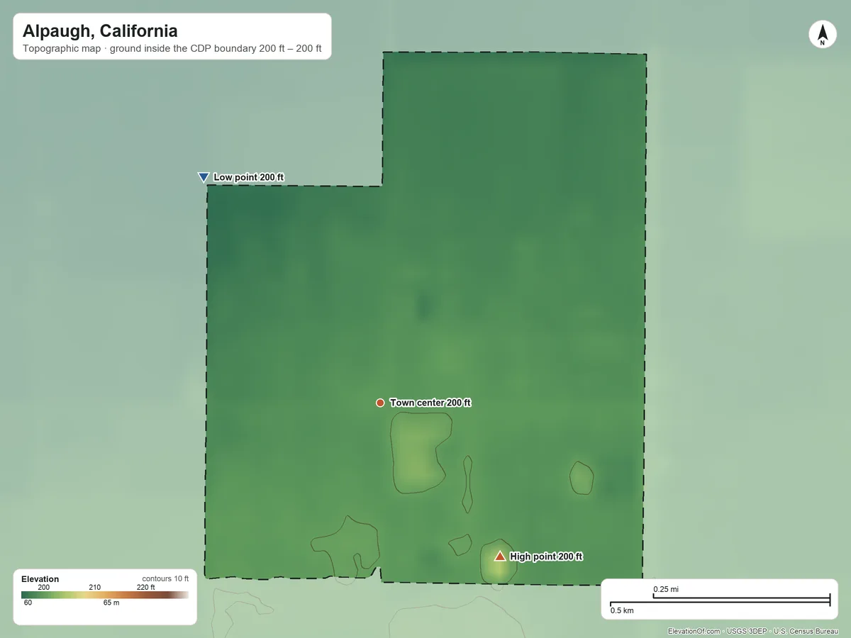 Topographic elevation map of Alpaugh, California, shaded from 200 ft on the northwest side to 200 ft on the southeast side