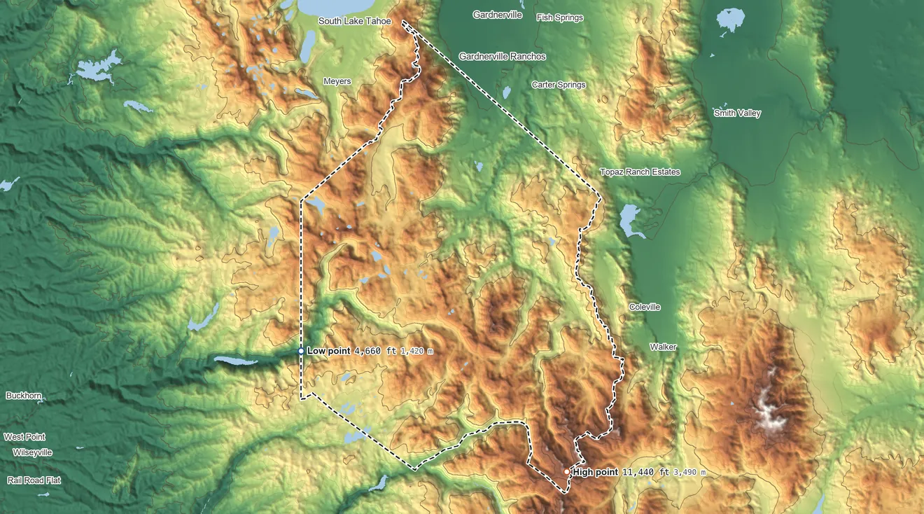 Topographic elevation map of Alpine County, California, shaded from 4,660 ft on the southwest side to 11,440 ft on Sonora Peak