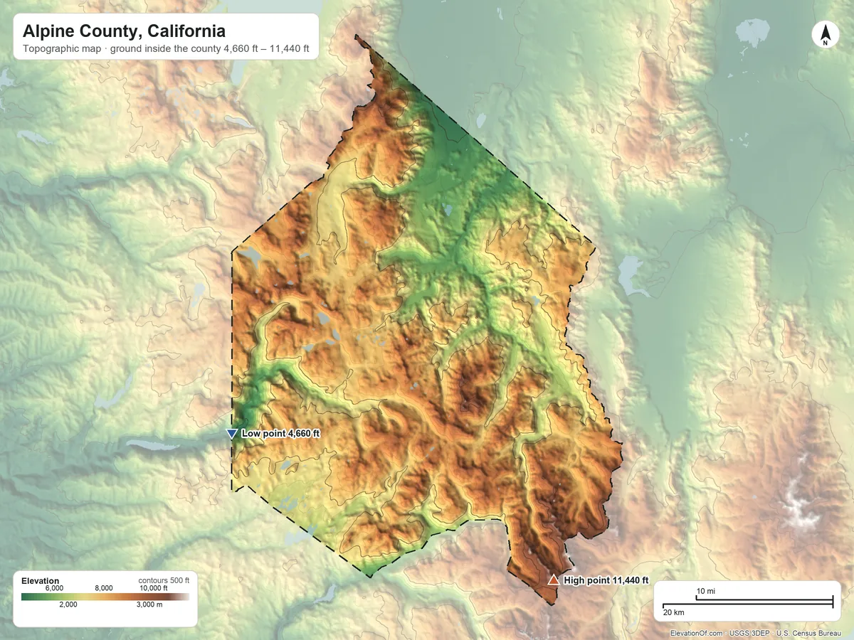 Topographic elevation map of Alpine County, California, shaded from 4,660 ft on the southwest side to 11,440 ft on Sonora Peak