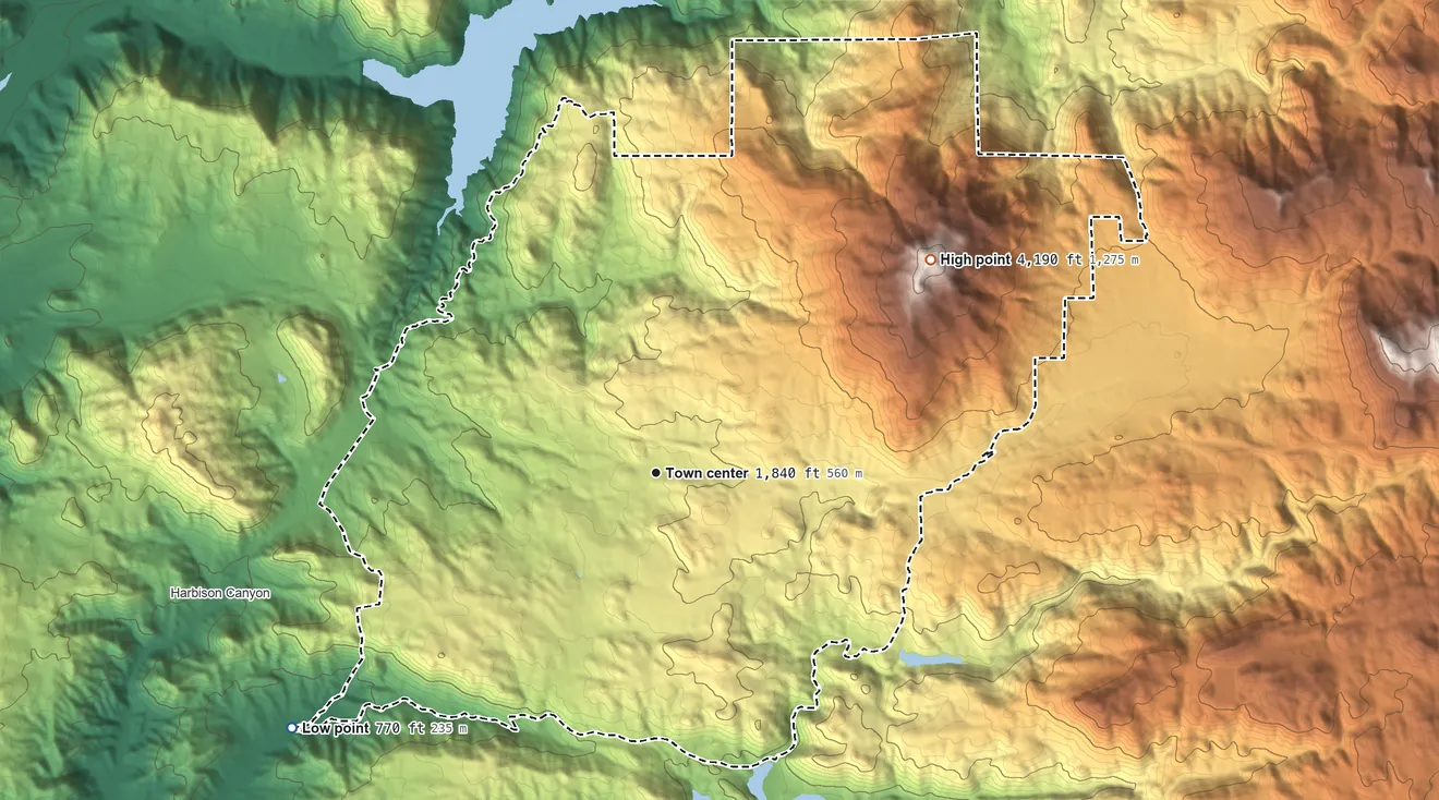 Topographic elevation map of Alpine, California, shaded from 770 ft on the southwest side to 4,189 ft on Viejas Mountain