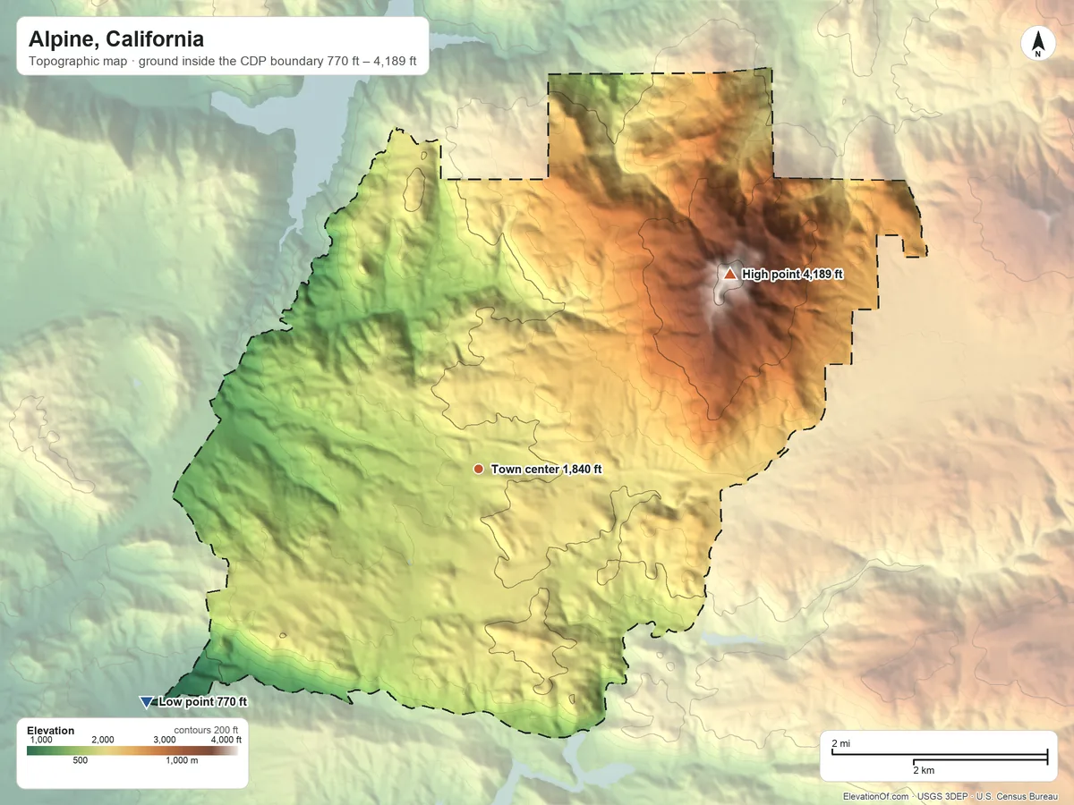 Topographic elevation map of Alpine, California, shaded from 770 ft on the southwest side to 4,189 ft on Viejas Mountain