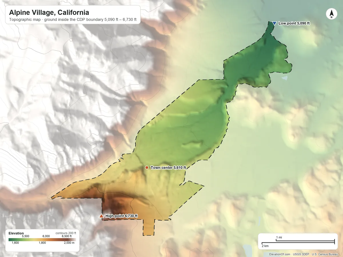 Topographic elevation map of Alpine Village, California, shaded from 5,090 ft on the northeast side to 6,730 ft on the southwest edge, below higher ground just outside