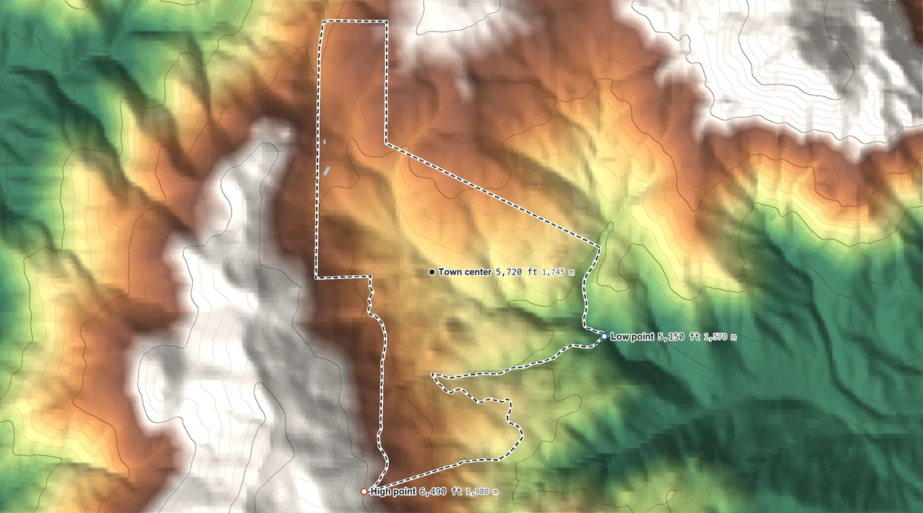 Topographic elevation map of Alta Sierra, Kern County, California, shaded from 5,150 ft on the east side to 6,490 ft at the foot of the Greenhorn Mountains
