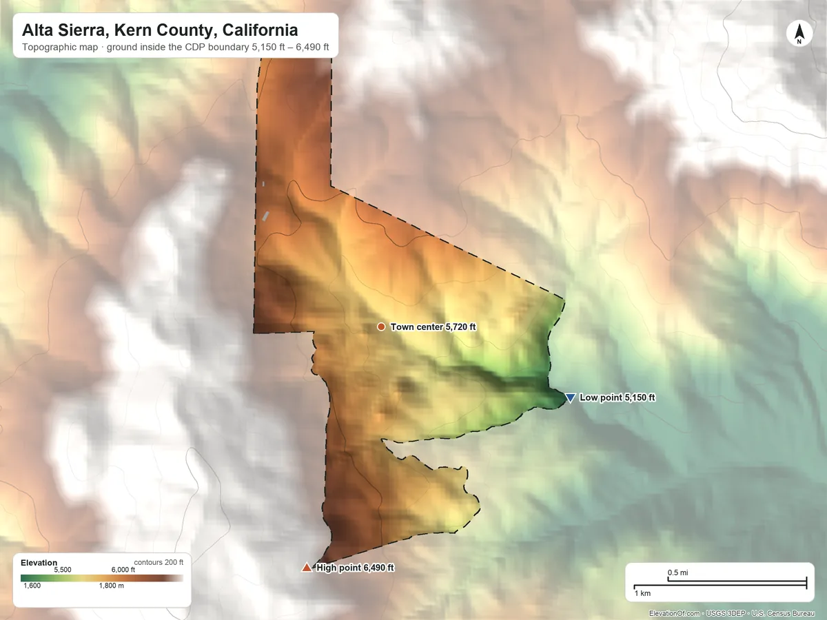 Topographic elevation map of Alta Sierra, Kern County, California, shaded from 5,150 ft on the east side to 6,490 ft at the foot of the Greenhorn Mountains